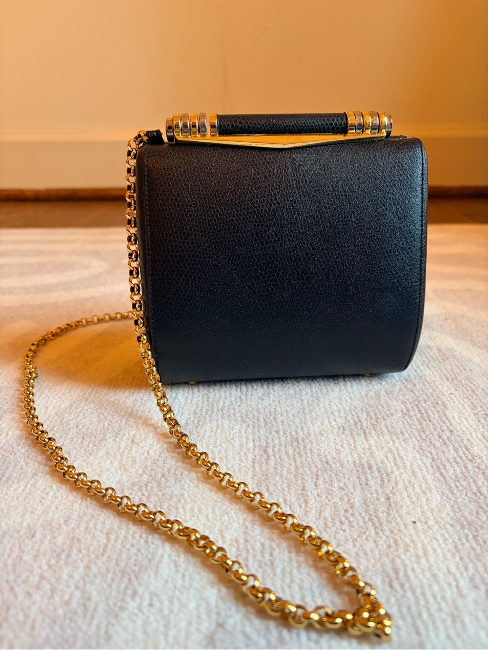 Vintage Black Structured Evening Bag Gold Chain Shoulder Purse Clutch